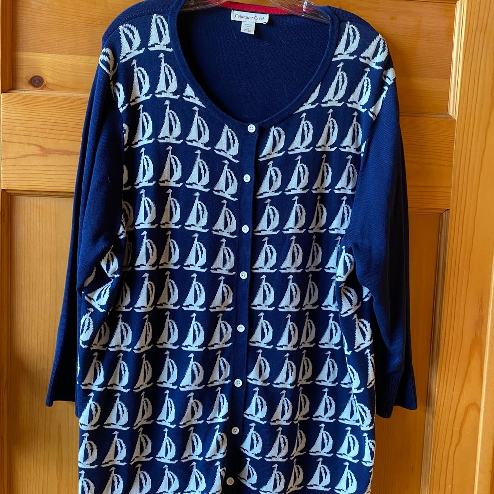 Cold water Creek 100% cotton sweater sail boats. 26” long. Brand new. Never worn